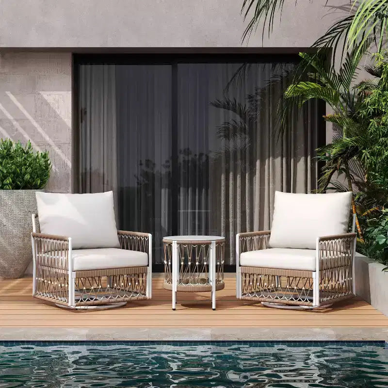 MAYEERTY Ensemble de mobilier de jardin bohème 3 pièces, 2 chaises longues et table d'appoint à plateau en verre, Cadre en acier avec corde tissée à la main, Coussins imperméables