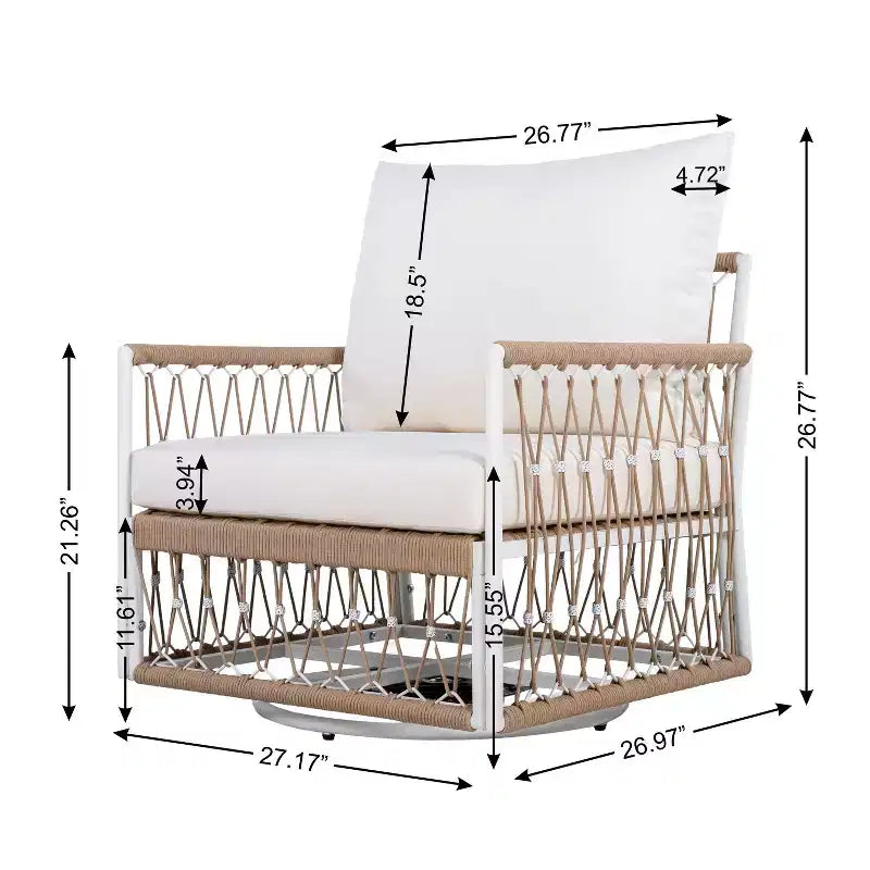 MAYEERTY Ensemble de mobilier de jardin bohème 3 pièces, 2 chaises longues et table d'appoint à plateau en verre, Cadre en acier avec corde tissée à la main, Coussins imperméables