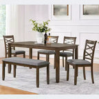 MAYEERTY 6-Piece Dining Set for 6, Wooden Rectangular Table + 4 Upholstered Chairs & Bench, Gray