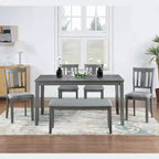 MAYEERTY 6-Piece Dining Set for 6, Wooden Rectangular Table + 4 Upholstered Chairs & Bench, Gray