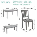 MAYEERTY 6-Piece Dining Set for 6, Wooden Rectangular Table + 4 Upholstered Chairs & Bench, Gray