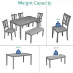 MAYEERTY 6-Piece Dining Set for 6, Wooden Rectangular Table + 4 Upholstered Chairs & Bench, Gray