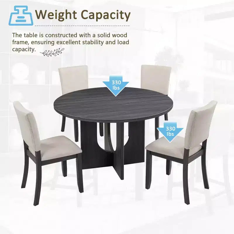 MAYEERTY 5-Piece 47.3 Modern Round Dining Set, 4 Upholstered Chairs, Antique Black & Beige