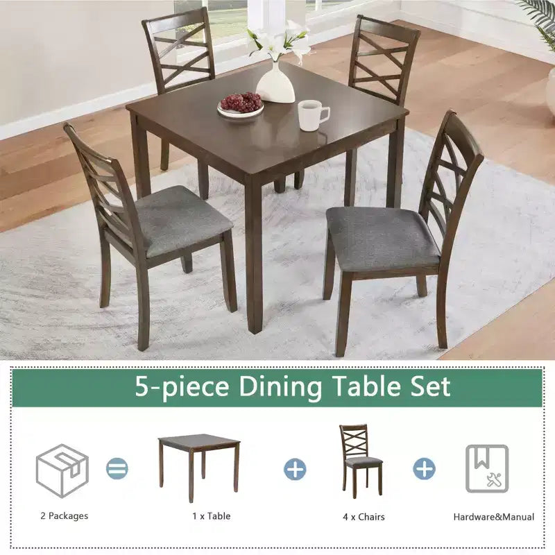 MAYEERTY 5-Piece Elegant Modern Dining Set, Wooden Table with 4 Chairs for 4, Walnut