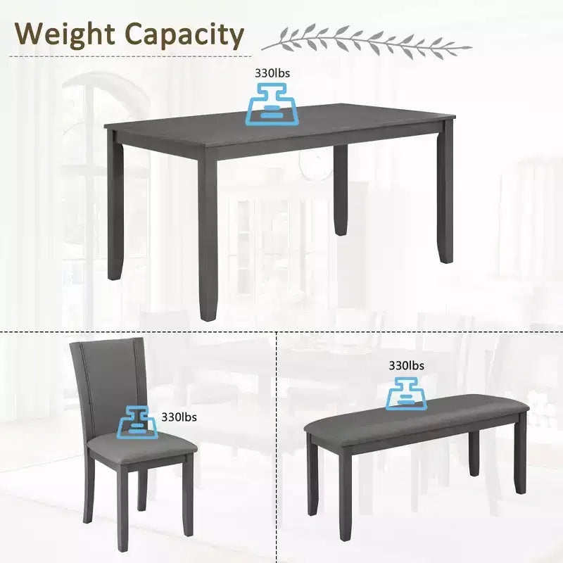 MAYEERTY Ensemble table à manger moderne 6 pièces, Table en bois avec 4 chaises et un banc, Gris