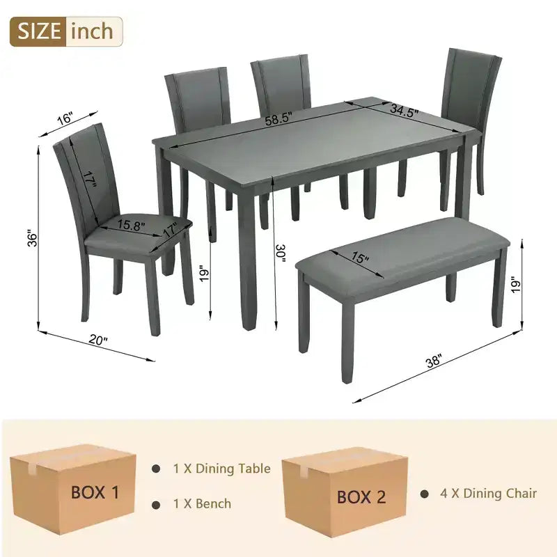 MAYEERTY Ensemble table à manger moderne 6 pièces, Table en bois avec 4 chaises et un banc, Gris