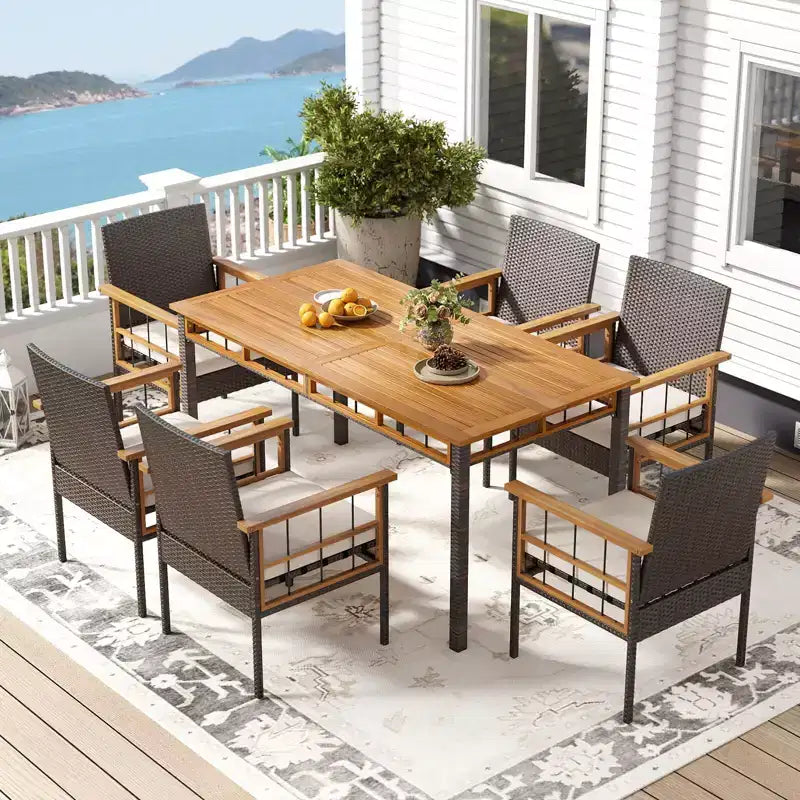 Costway 7 PCS PE Wicker Patio Dining Set with 1.97 Umbrella Hole, Cushions for Deck Garden Mix Brown