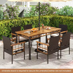 Costway 7 PCS PE Wicker Patio Dining Set with 1.97 Umbrella Hole, Cushions for Deck Garden Mix Brown