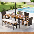 Costway 7 PCS PE Wicker Patio Dining Set with 1.97 Umbrella Hole, Cushions for Deck Garden Mix Brown