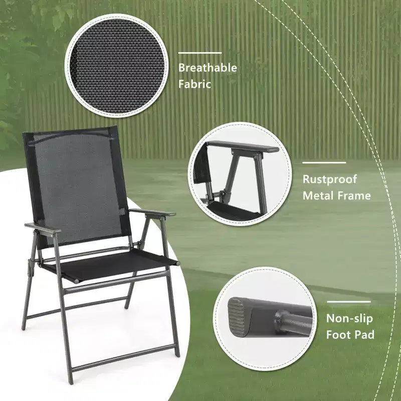 Costway Ensemble repas extérieur pliable 5 pièces, grande table rectangulaire en métal 4 fauteuils en maille noir