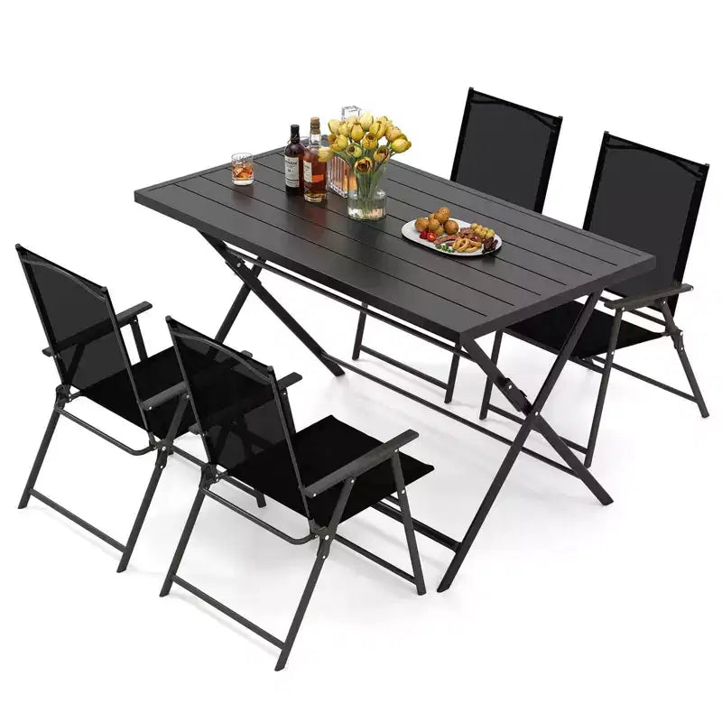 Costway Ensemble repas extérieur pliable 5 pièces, grande table rectangulaire en métal 4 fauteuils en maille noir