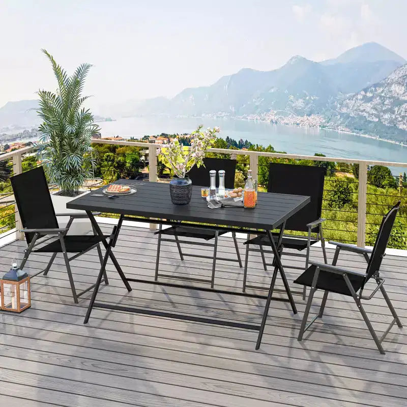 Costway Ensemble repas extérieur pliable 5 pièces, grande table rectangulaire en métal 4 fauteuils en maille noir