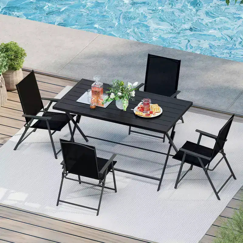 Costway Ensemble repas extérieur pliable 5 pièces, grande table rectangulaire en métal 4 fauteuils en maille noir