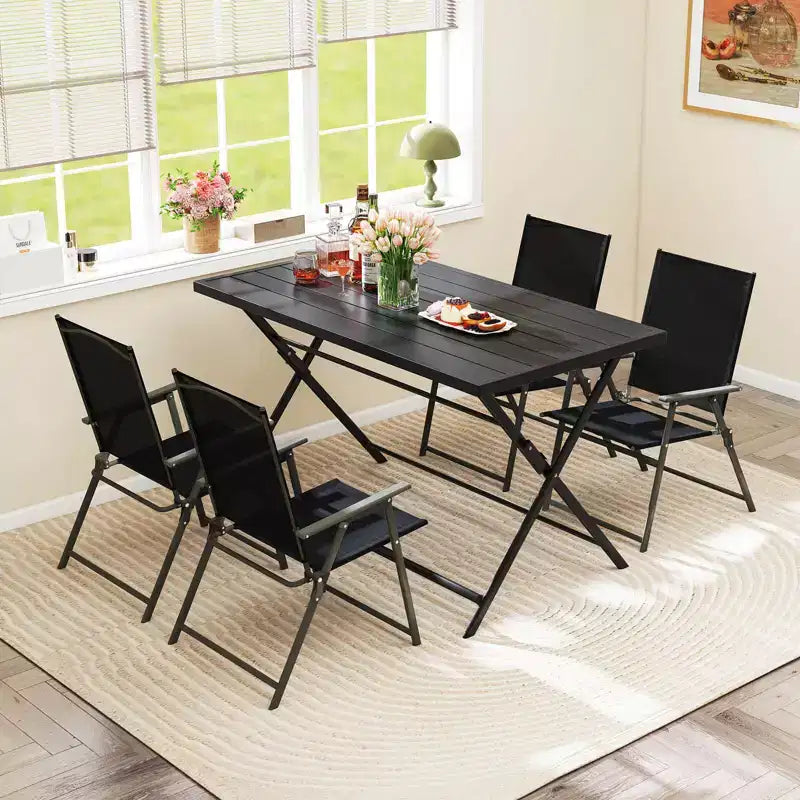 Costway Ensemble repas extérieur pliable 5 pièces, grande table rectangulaire en métal 4 fauteuils en maille noir