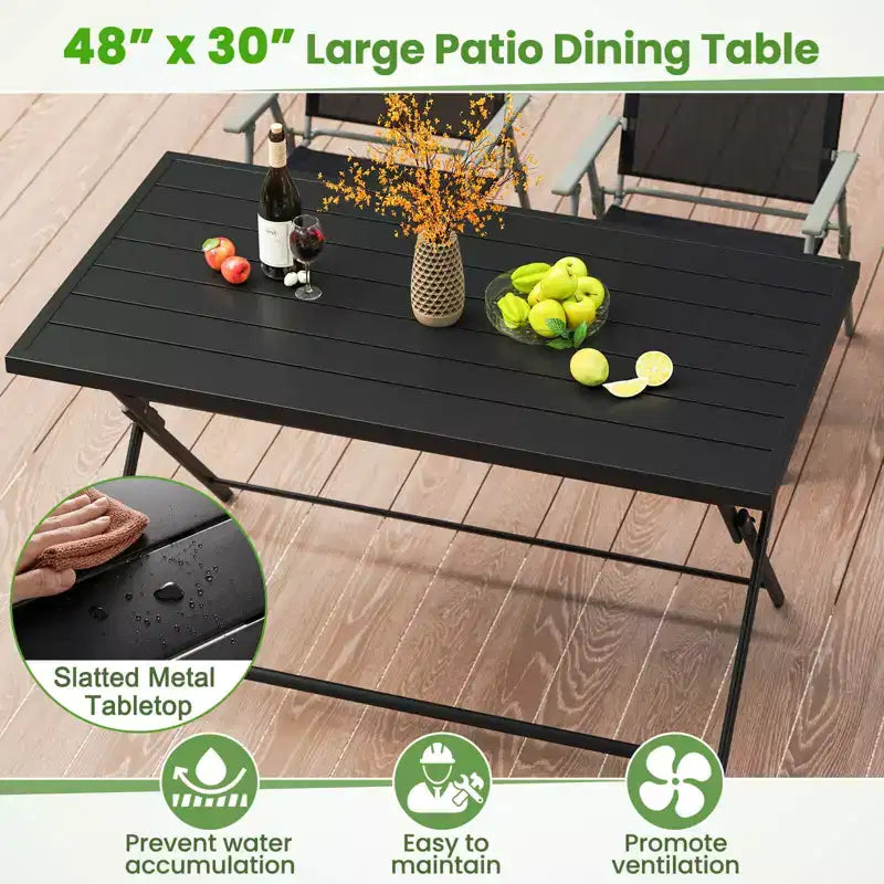 Costway Ensemble repas extérieur pliable 5 pièces, grande table rectangulaire en métal 4 fauteuils en maille noir