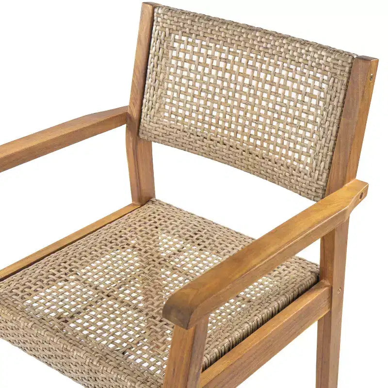 7PCS Outdoor Dining Set Patio Furniture Set with 6 Wicker Chairs & 1 Teak-Finish Dining Table, Acacia Wood Tabletop - ModernLuxe
