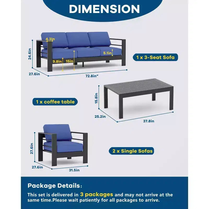 Ensemble de patio en aluminium 4 pièces bleu C avec canapé sectionnel d'extérieur, table basse et coussins