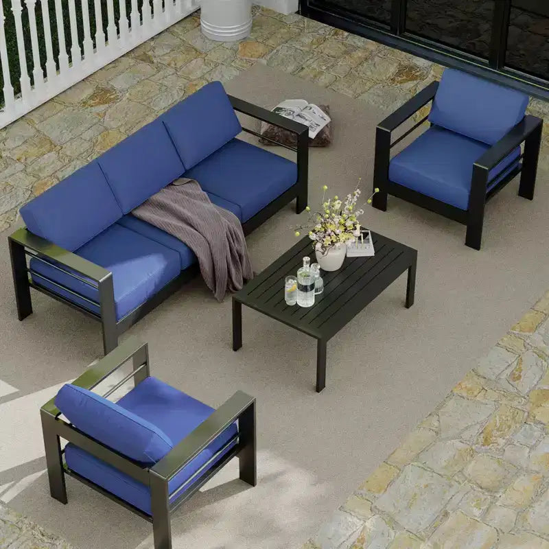 Ensemble de patio en aluminium 4 pièces bleu C avec canapé sectionnel d'extérieur, table basse et coussins