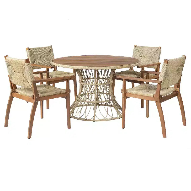 Christopher Knight Home Nan Farmhouse 5 Piece Outdoor Acacia Wood Dining Set with 4 Wicker Armchairs