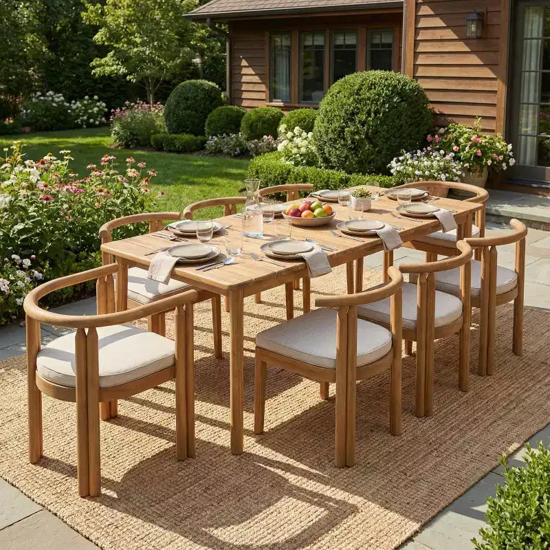 Ensemble de salle à manger d'extérieur rustique 9 pièces Dione Christopher Knight Home en bois d'acacia avec plateau à lattes et coussins