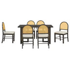 7-Piece Farmhouse Dining Table Set for 6-59.8 Rectangular Dining Table with Distressed and 6 Rattan Chairs, Rustic Kitchen Furniture