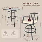 ALAULM 3PCS Patio Bar Set, Patio Table Set w/2 High Barstools&1 Bar table, for Kitchen, Lawn, Patio