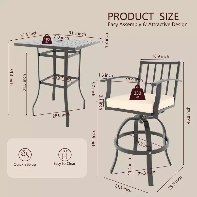 ALAULM 3PCS Patio Bar Set, Patio Table Set w/2 High Barstools&1 Bar table, for Kitchen, Lawn, Patio
