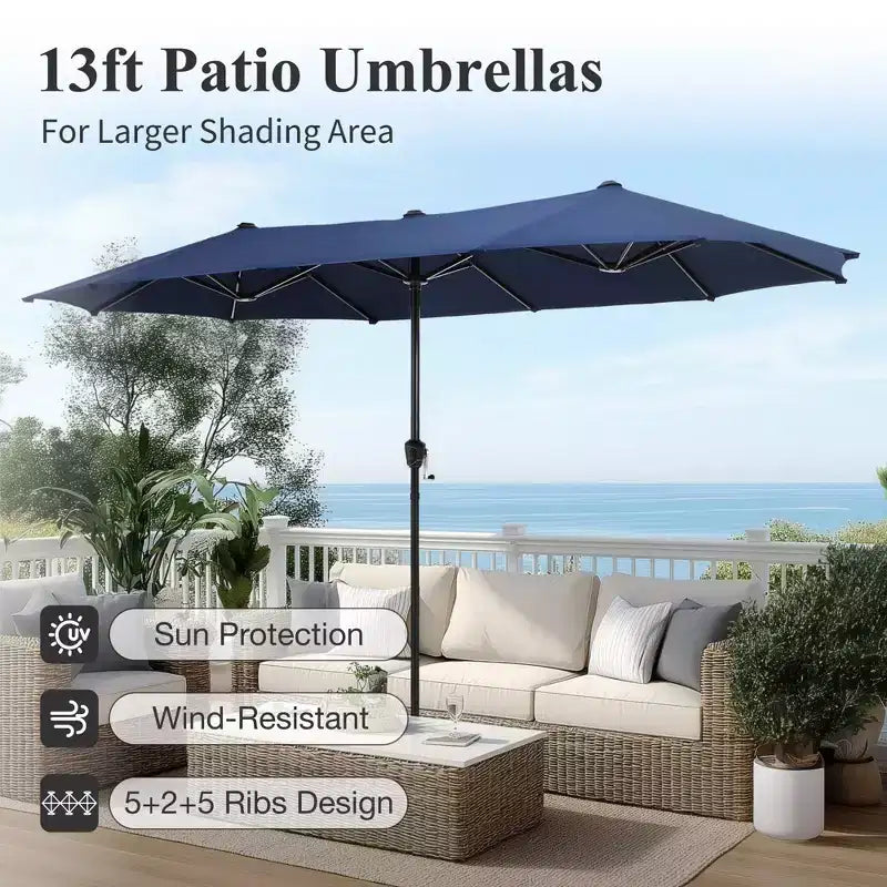 Captiva Designs 8pc Outdoor Rectangular Steel Dining Table & Black Steel Chairs & Market Umbrella