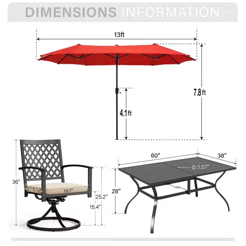 Captiva Designs 8pc Outdoor Rectangular Steel Dining Table & Black Steel Chairs & Market Umbrella