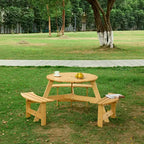 Whisen Outdoor 8 Person Round Picnic Table, Outside Table and Bench Set, Patio Dining Sets with 4 Built-in Benches, Umbrella Hole