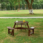 Whisen Outdoor 8 Person Round Picnic Table, Outside Table and Bench Set, Patio Dining Sets with 4 Built-in Benches, Umbrella Hole