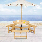 Whisen Outdoor 8 Person Round Picnic Table, Outside Table and Bench Set, Patio Dining Sets with 4 Built-in Benches, Umbrella Hole
