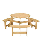 Whisen Outdoor 8 Person Round Picnic Table, Outside Table and Bench Set, Patio Dining Sets with 4 Built-in Benches, Umbrella Hole
