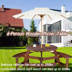 Whisen Outdoor 8 Person Round Picnic Table, Outside Table and Bench Set, Patio Dining Sets with 4 Built-in Benches, Umbrella Hole