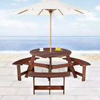Whisen Outdoor 8 Person Round Picnic Table, Outside Table and Bench Set, Patio Dining Sets with 4 Built-in Benches, Umbrella Hole