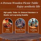 Whisen Outdoor 8 Person Round Picnic Table, Outside Table and Bench Set, Patio Dining Sets with 4 Built-in Benches, Umbrella Hole