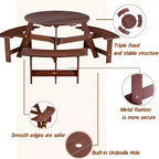 Whisen Outdoor 8 Person Round Picnic Table, Outside Table and Bench Set, Patio Dining Sets with 4 Built-in Benches, Umbrella Hole