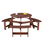 Whisen Outdoor 8 Person Round Picnic Table, Outside Table and Bench Set, Patio Dining Sets with 4 Built-in Benches, Umbrella Hole