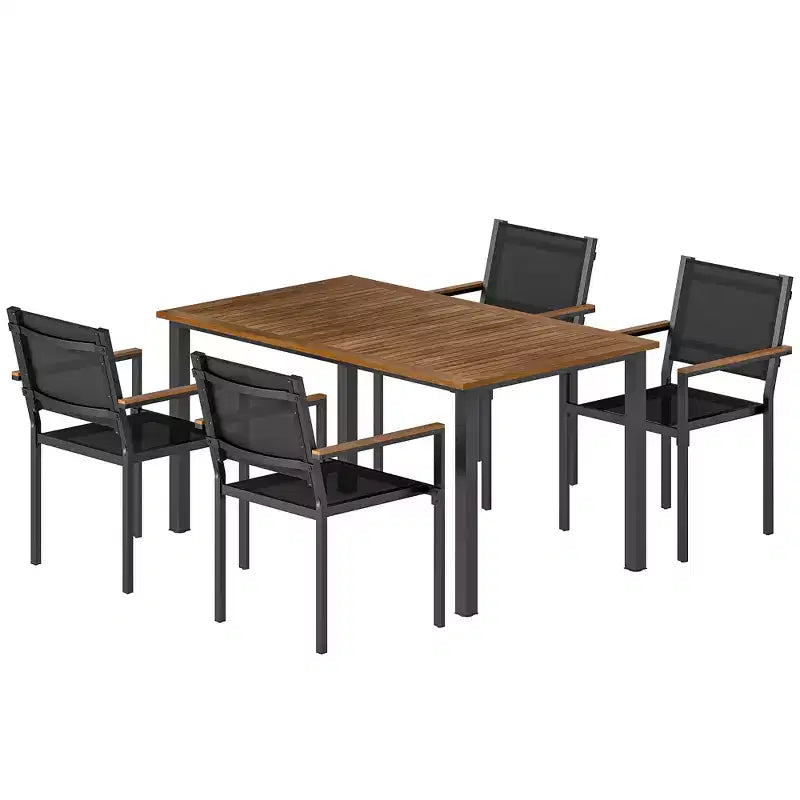 Ensemble repas extérieur Outsunny pour 4 personnes, table de jardin rectangulaire en bois d'acacia de 150 cm et chaises empilables de 160 kg, salon de jardin pour patio, arrière-cour, terrasse, teck