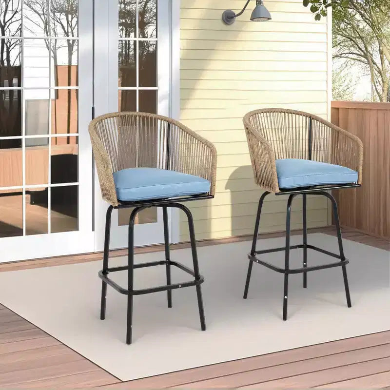 Tabourets de bar de patio Whisen, 2 pièces, avec accoudoirs et dossier, tabourets de bar en osier pour jardin et cour arrière