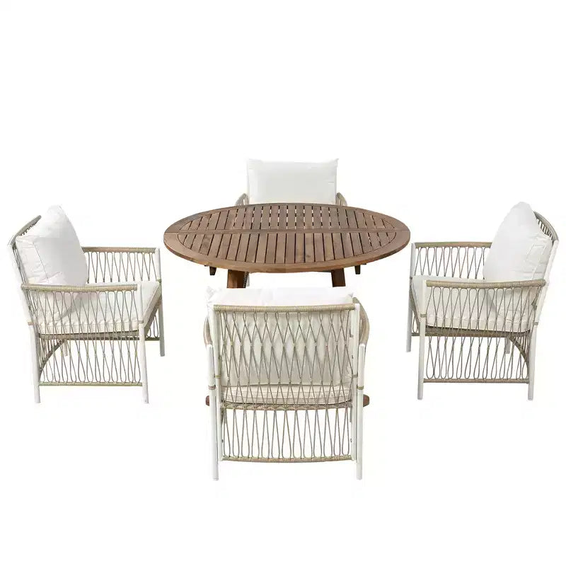 Ensemble de salle à manger d'extérieur 5 pièces Whisen résistant aux intempéries, table ronde extensible et 4 chaises en rotin