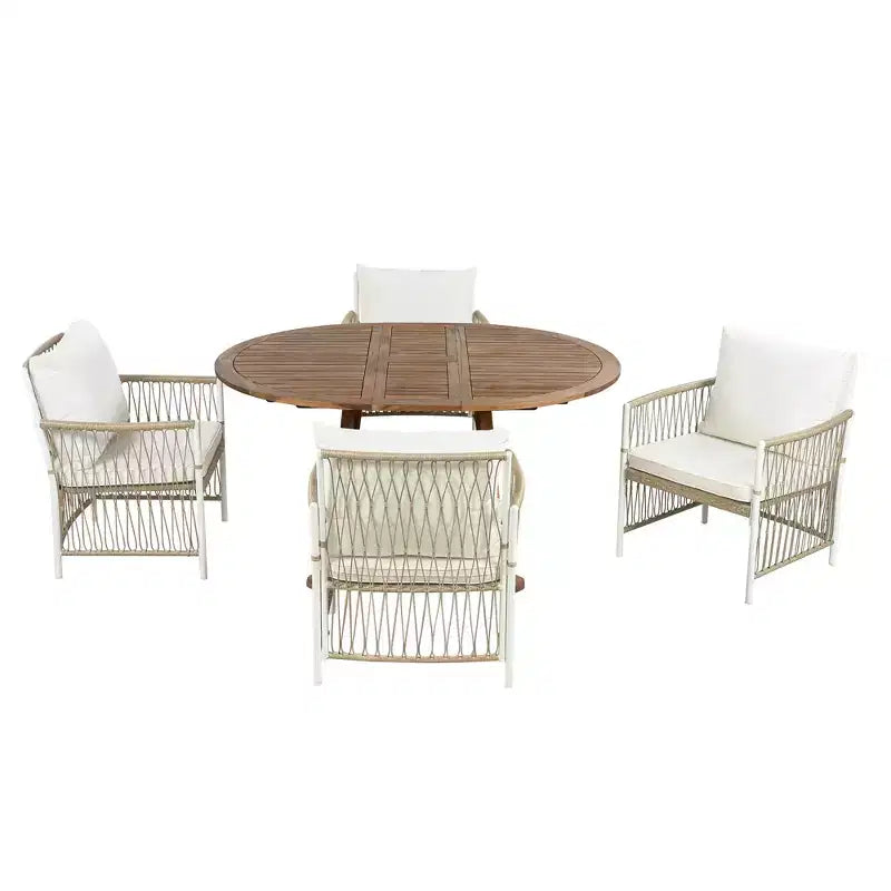 Ensemble de salle à manger d'extérieur 5 pièces Whisen résistant aux intempéries, table ronde extensible et 4 chaises en rotin