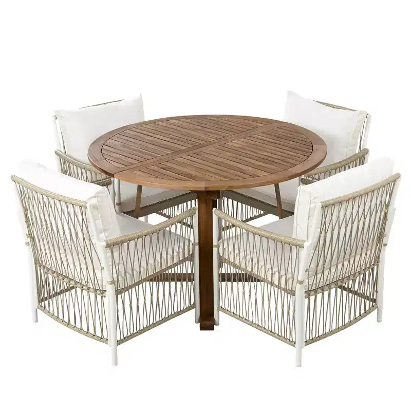 Ensemble de salle à manger d'extérieur 5 pièces Whisen résistant aux intempéries, table ronde extensible et 4 chaises en rotin
