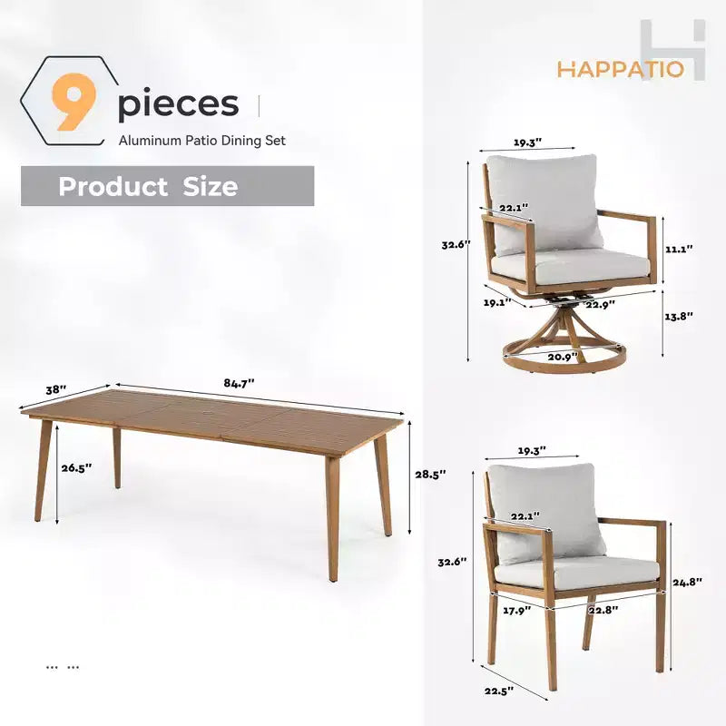 HAPPATIO Outdoor Dining Set, Aluminum Patio Dining Set with Wood-Like Hand-Painted Finish, Easy Assembly for Backyard, Garden, Porch