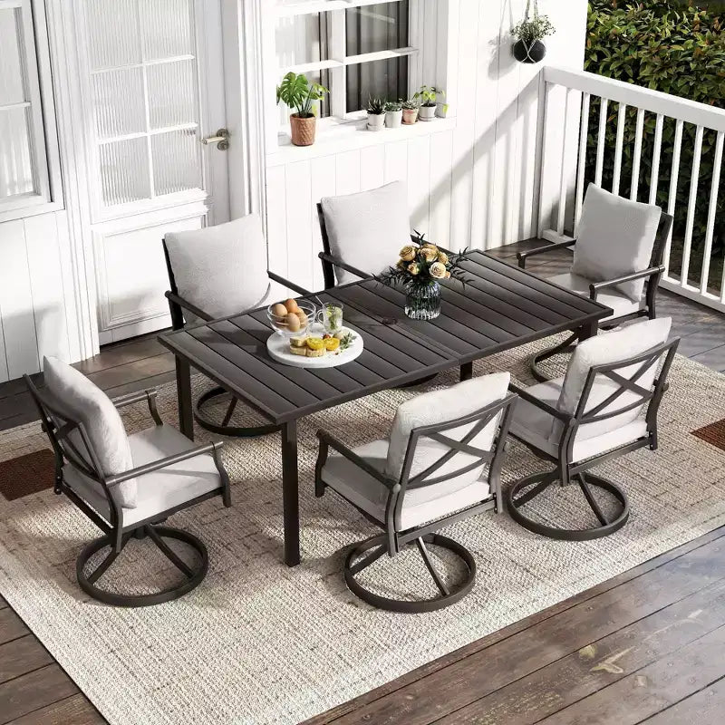 HAPPATIO Patio Dining Set, Outdoor Table and Chairs Set, Powder-Coated Metal Chairs with Cushions, Table with Umbrella Hole for Deck Backyard Lawn