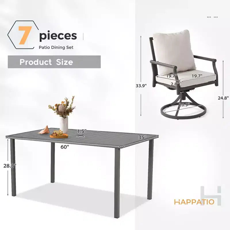 HAPPATIO Patio Dining Set, Outdoor Table and Chairs Set, Powder-Coated Metal Chairs with Cushions, Table with Umbrella Hole for Deck Backyard Lawn