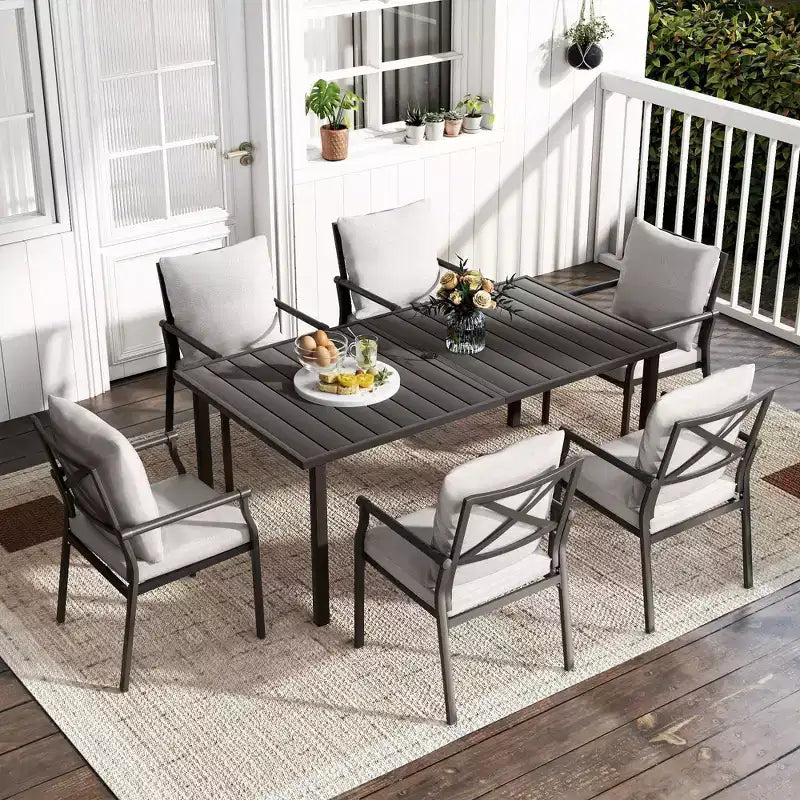 HAPPATIO Patio Dining Set, Outdoor Table and Chairs Set, Powder-Coated Metal Chairs with Cushions, Table with Umbrella Hole for Deck Backyard Lawn