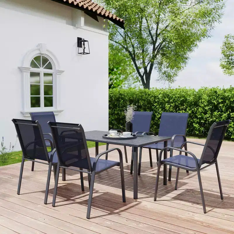 Ensemble de salle à manger d'extérieur HAPPATIO, chaises et table de salle à manger en textilène avec trou pour parasol, chaises empilables pour jardin, patio et bord de piscine