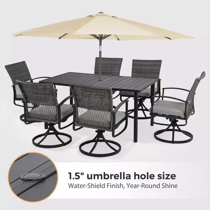 HAPPATIO Ensemble de salle à manger en rotin, ensemble de salle à manger extérieur avec chaises pivotantes, table à manger revêtue de poudre avec trou pour parasol pour jardin, cour