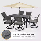 HAPPATIO Ensemble de salle à manger en rotin, ensemble de salle à manger extérieur avec chaises pivotantes, table à manger revêtue de poudre avec trou pour parasol pour jardin, cour